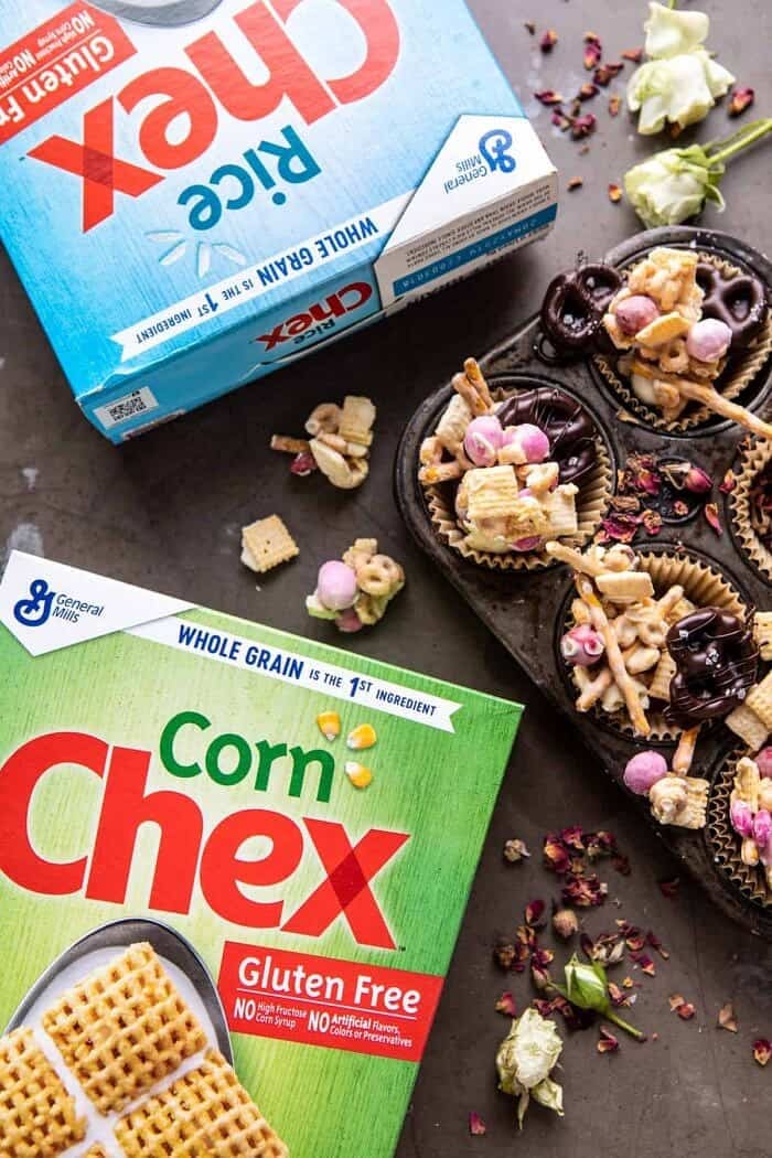 overhead photo of Chex cereal boxes with Valentines Day Chex mix