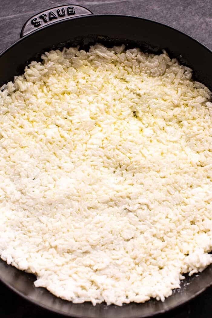 overhead photo of rice in skillet 
