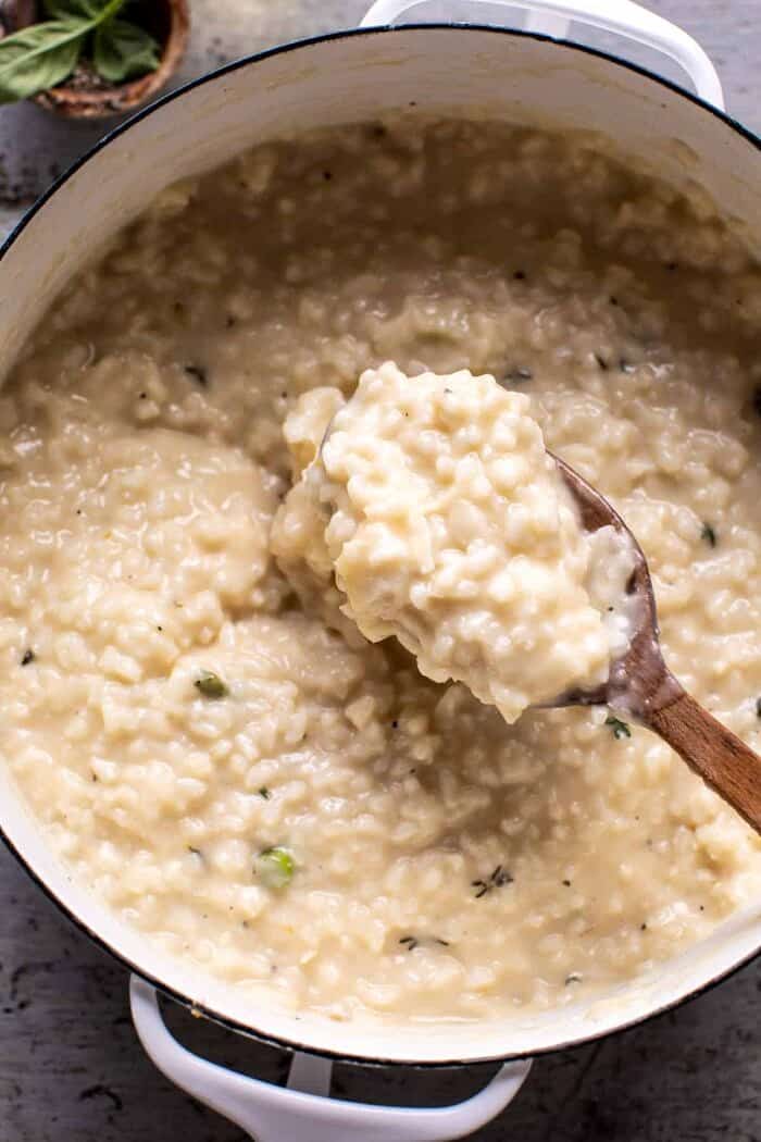 overhead photo of No Stir Brie Risotto in pot before adding asparagus