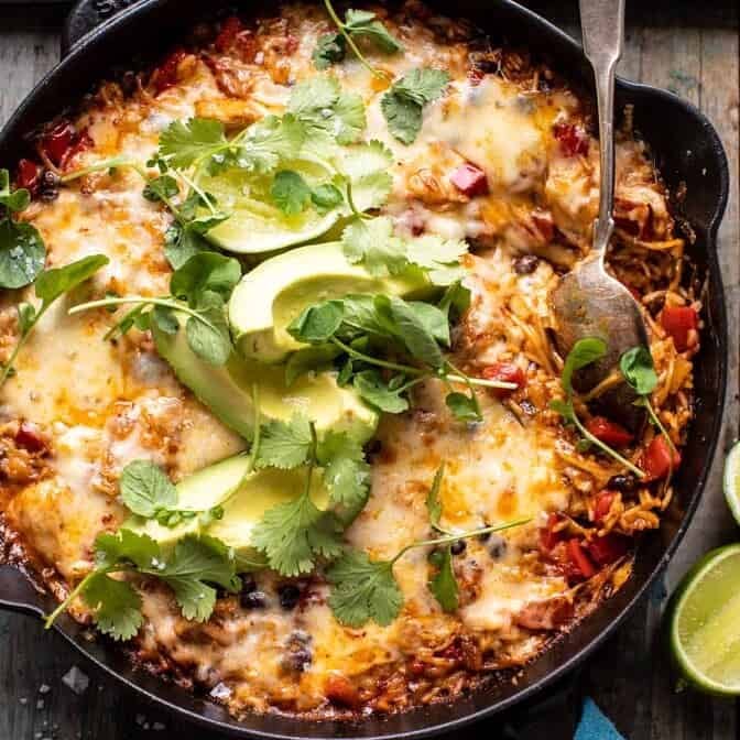 One Skillet Cheesy Cuban Chicken Rice Bake | halfbakedharvest.com