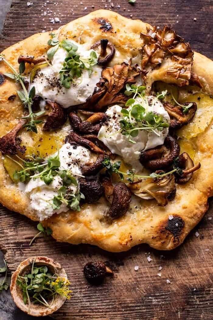 overhead close up photo of Potato and Wild Mushroom Burrata Pizza
