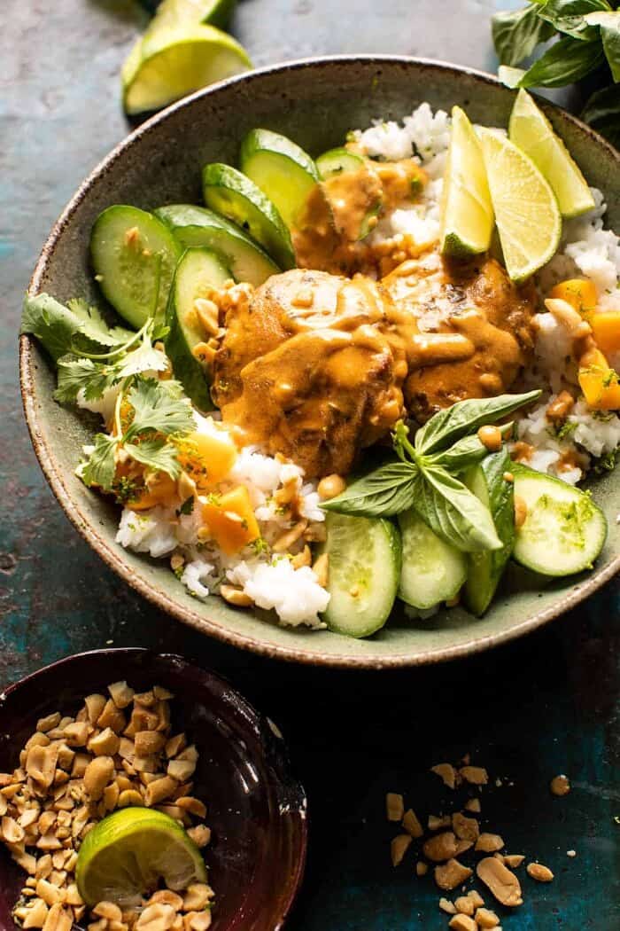 side angled photo of Weeknight Thai Peanut Chicken with Spicy Lime Mango 