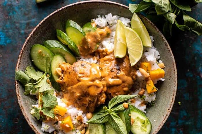 horizontal photo of Weeknight Thai Peanut Chicken with Spicy Lime Mango