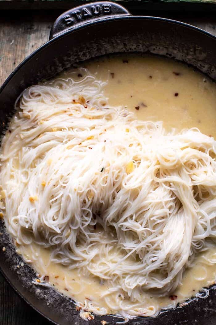 overhead photo of Garlic Noodles in skillet 