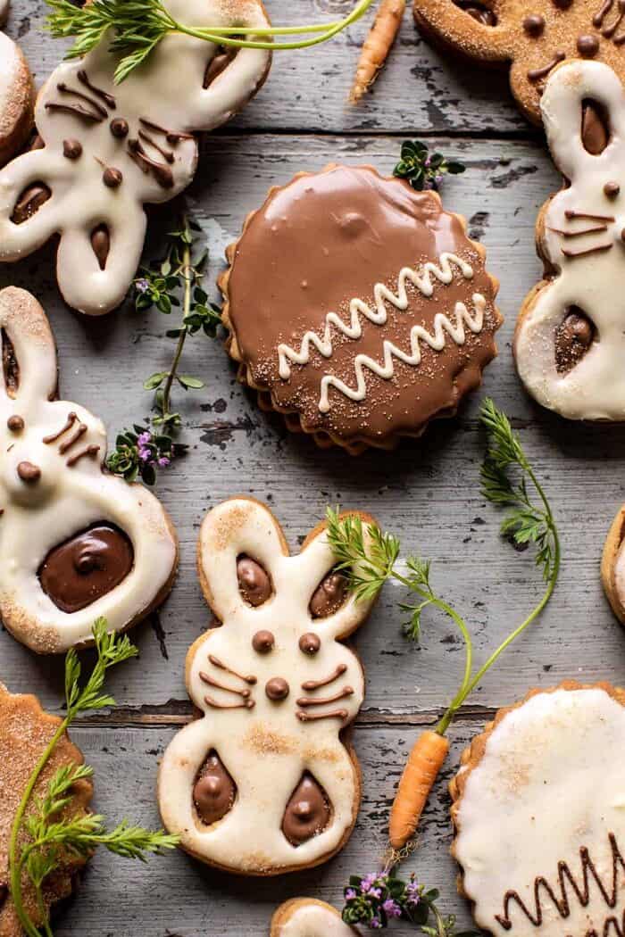 overhead photo of Milk Chocolate Stuffed Peanut Butter Bunny Cookies 