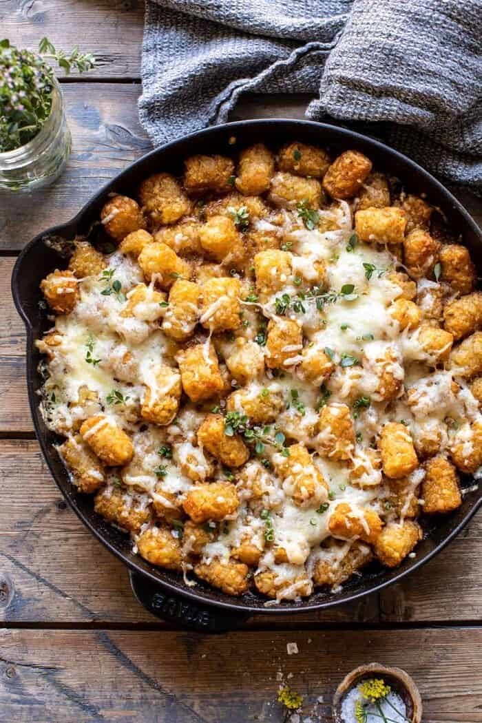 overhead photo of One Skillet French Onion Tater Tot Casserole