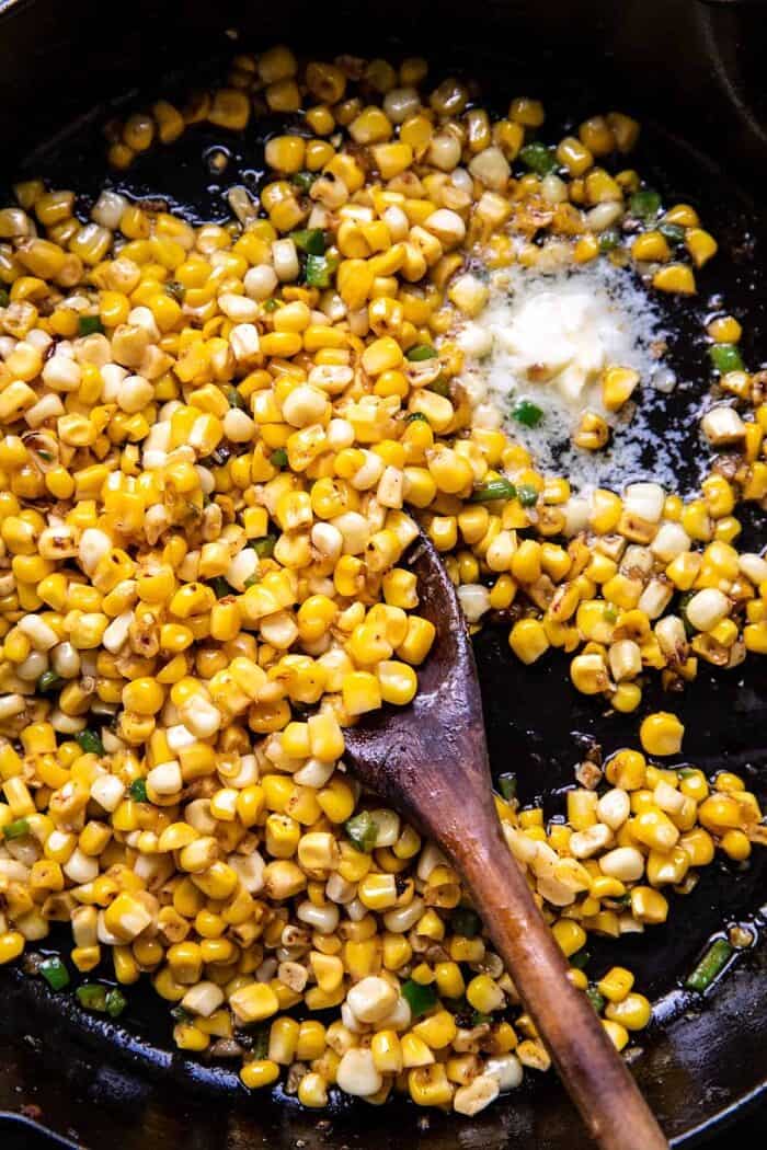 Spicy Garlic Butter Corn in skillet after cooking 