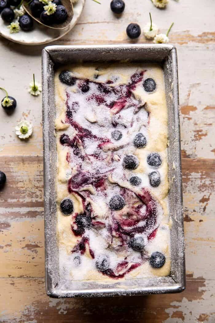 overhead photo of Blueberry Lemon Thyme Cake before baking