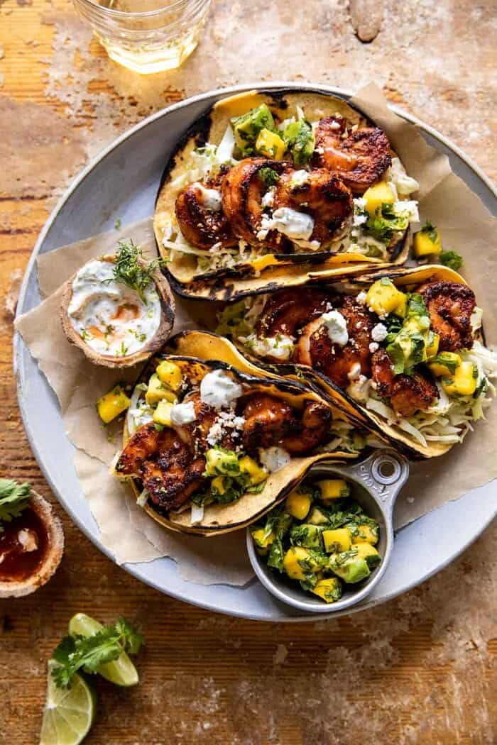 overhead photo of Chipotle BBQ Shrimp Tacos with Creamy Ranch Slaw 