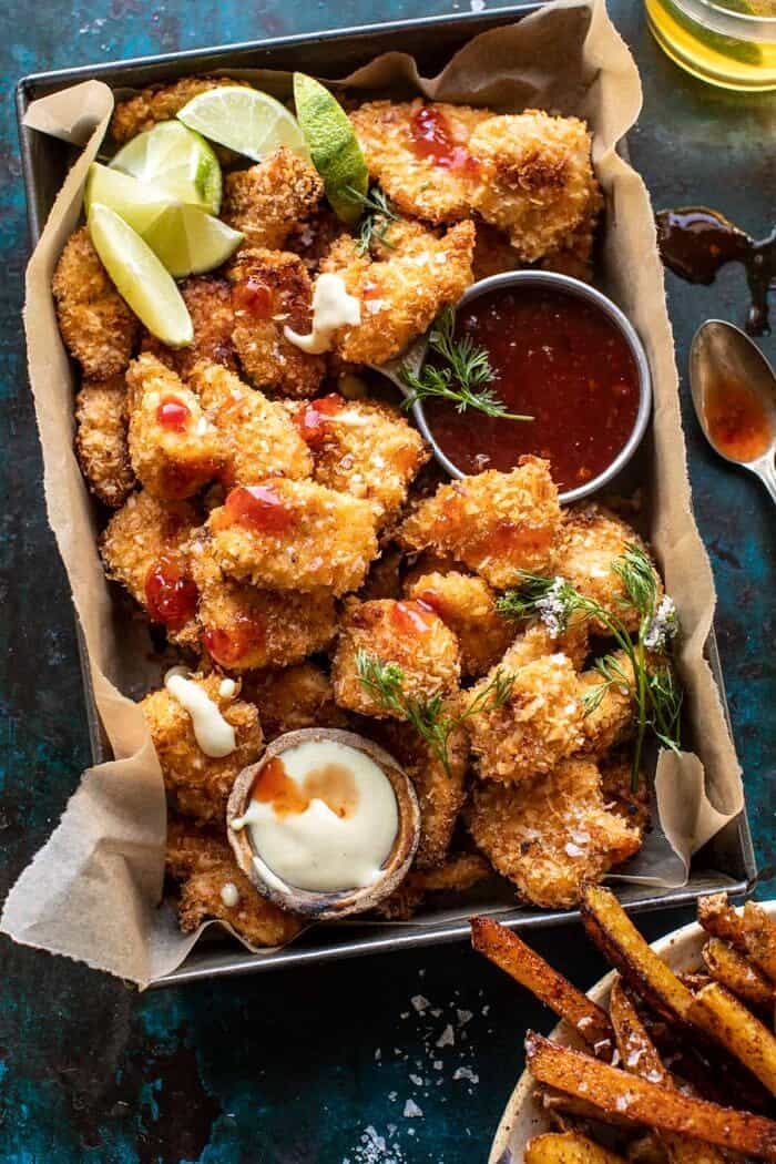 overhead photo of Coconut Popcorn Chicken with Sweet Thai Chili Lime Sauce