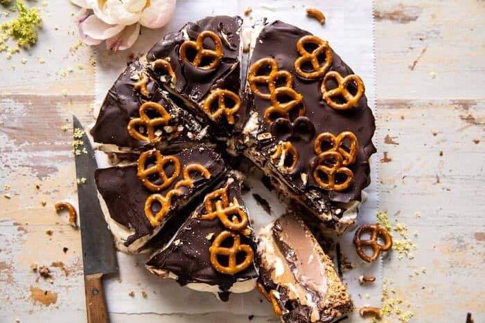 overhead horizontal photo of Fudgy Chocolate Peanut Butter Ice Cream Pretzel Cake