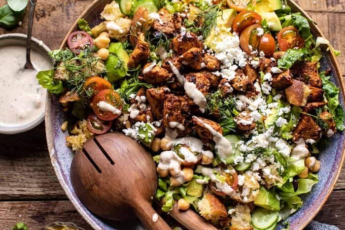 overhead horizontal photo of Greek Chicken Chopped Salad with Lemon Tahini Vinaigrette 