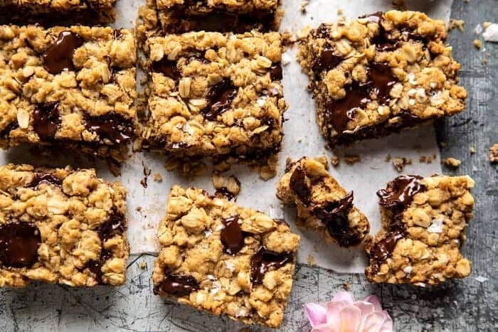 overhead horizontal photo of Healthier Dark Chocolate Chunk Oatmeal Cookie Bars