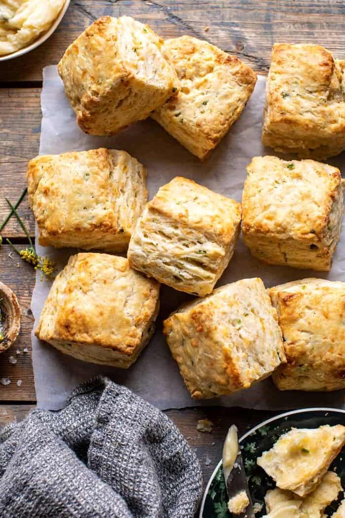 overhead photo of Layered Jalapeño Cheddar Biscuits with Salted Honey Butter 