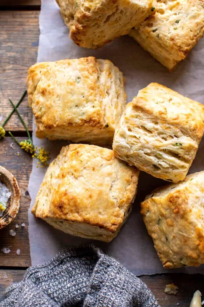 overhead close up photo of Layered Jalapeño Cheddar Biscuits with Salted Honey Butter