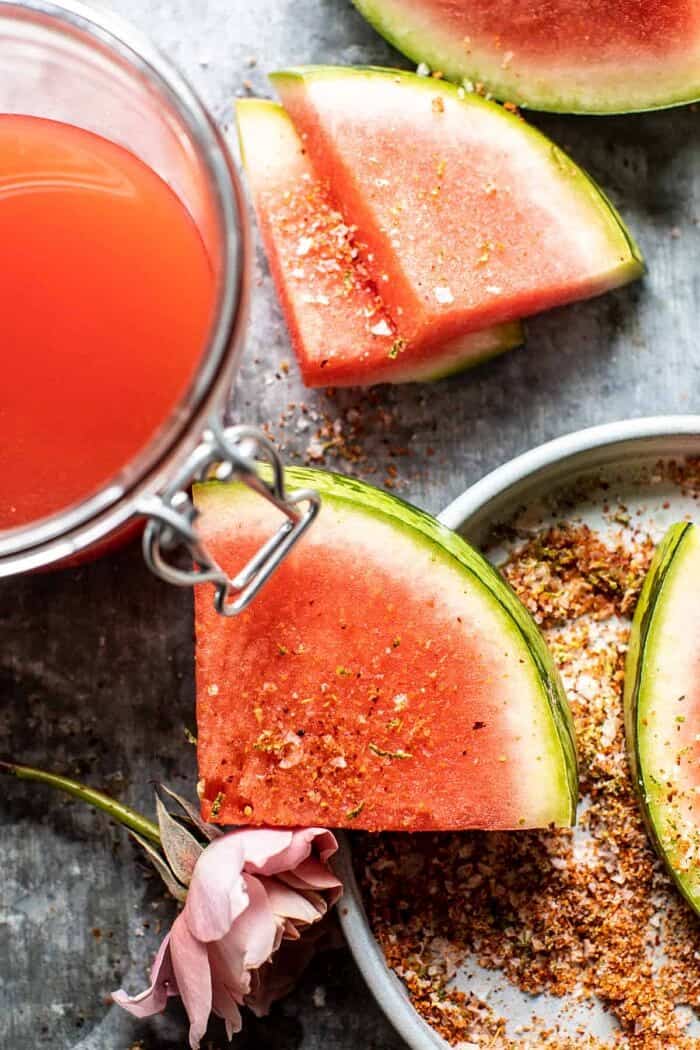 prep photo of Watermelon juice, watermelon slices, and chili salt
