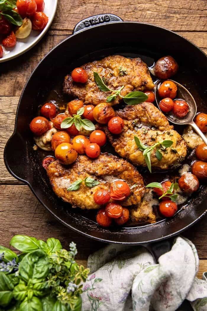 overhead photo of 20 Minute Florentine Butter Chicken with Burst Cherry Tomatoes