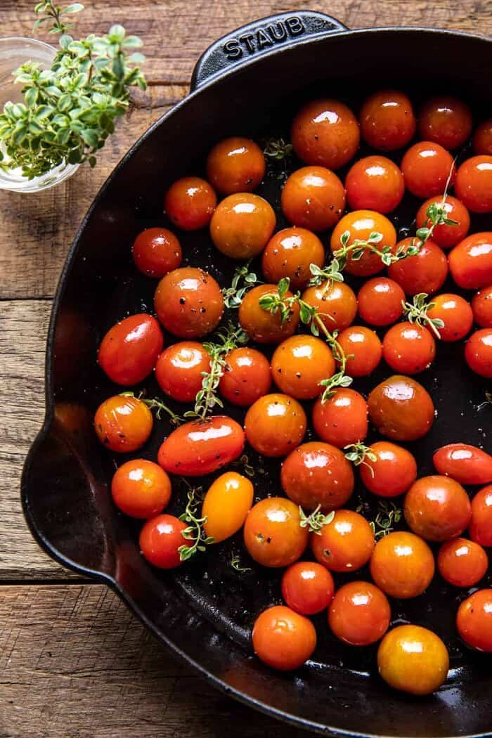 overhead photo of Burst Cherry Tomatoes in skillet