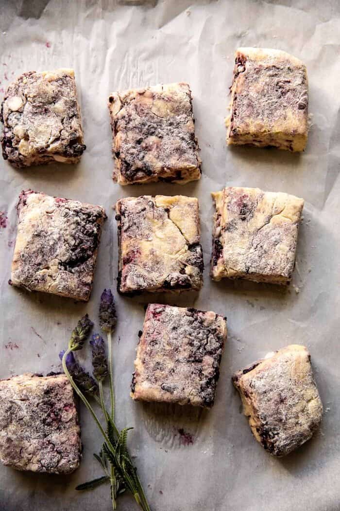 overhead photo of Blackberry Lavender White Chocolate Scones on baking sheet before baking 