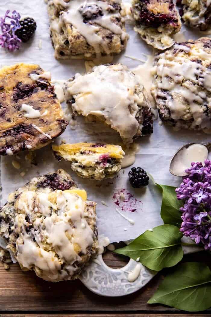 side angled photo of Blackberry Lavender White Chocolate Scones