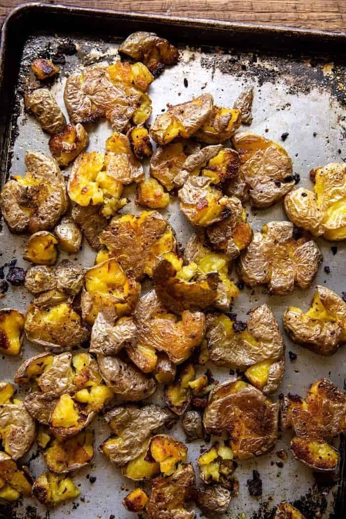 overhead photo of Crispy Smashed Potatoes on baking sheet