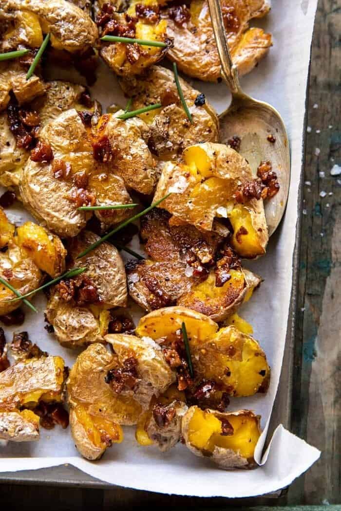 overhead close up photo of Crispy Smashed Potatoes with Bacon Vinaigrette