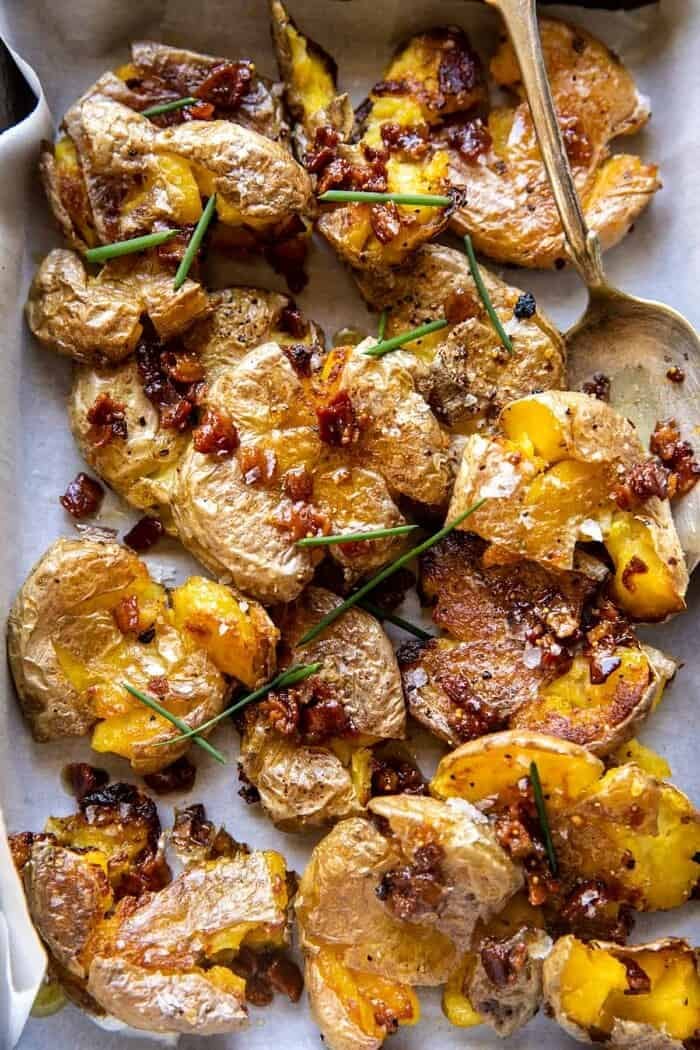 overhead close up photo of Crispy Smashed Potatoes with Bacon Vinaigrette 