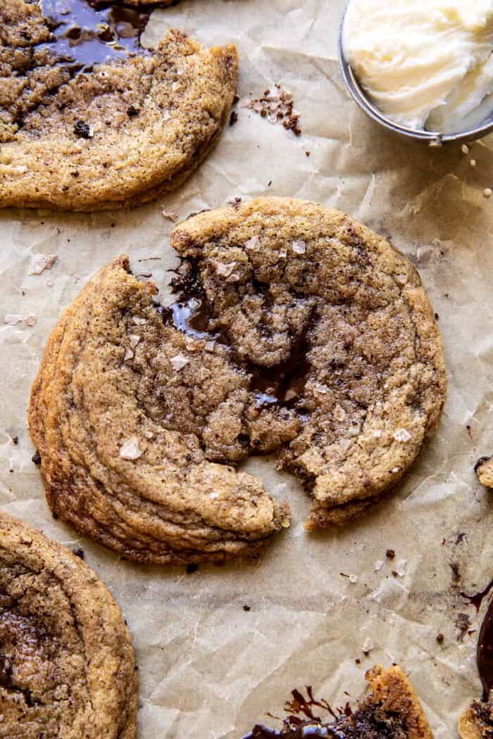 overhead close up photo of Giant Salted Espresso Hot Fudge Cookies 