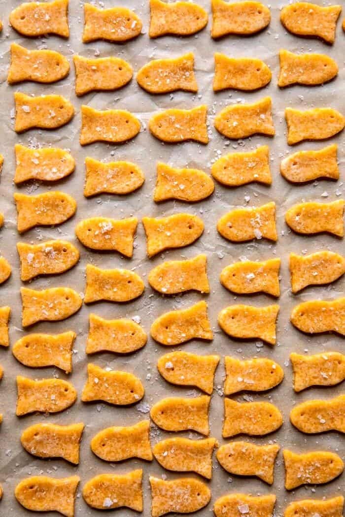 overhead photo of Homemade Goldfish on baking sheet before baking