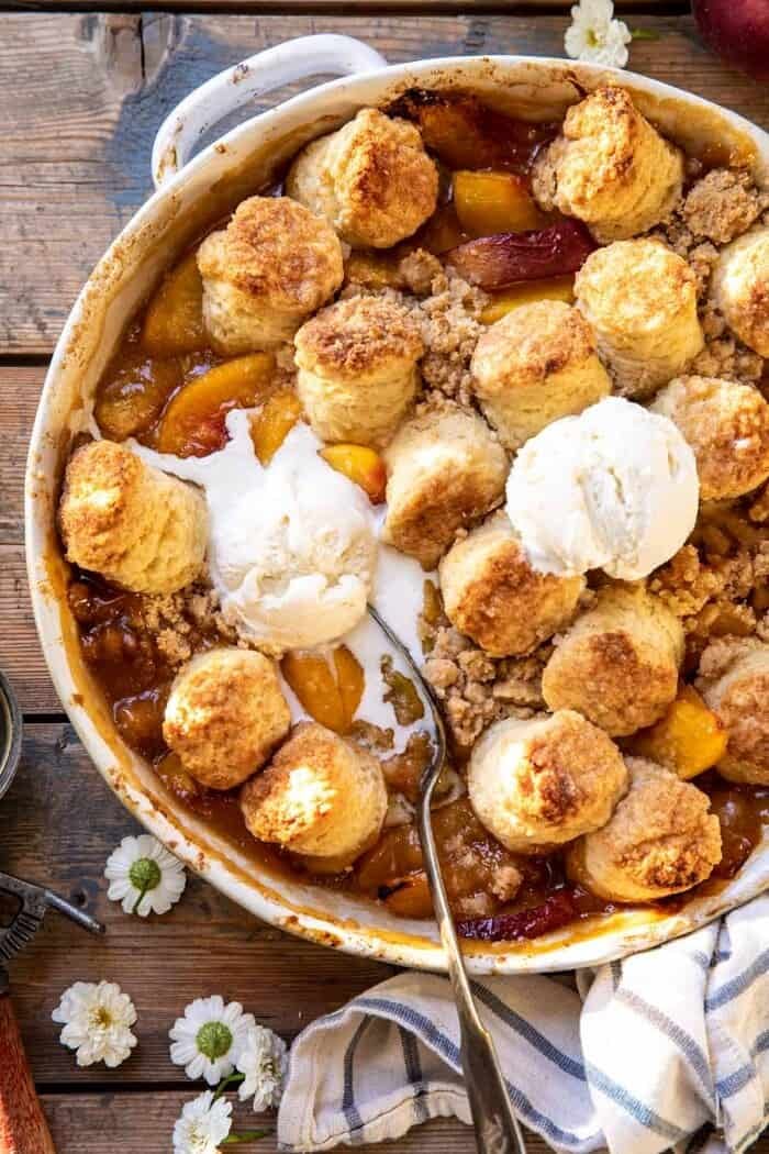 overhead close up photo of Southern Double Crusted Cinnamon Sugar Peach Cobbler