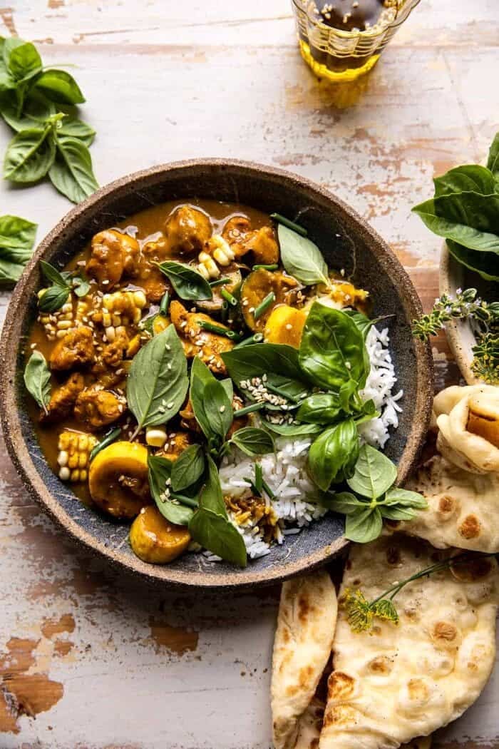 Spicy Coconut Basil Chicken Curry with Garden Vegetables | halfbakedharvest.com