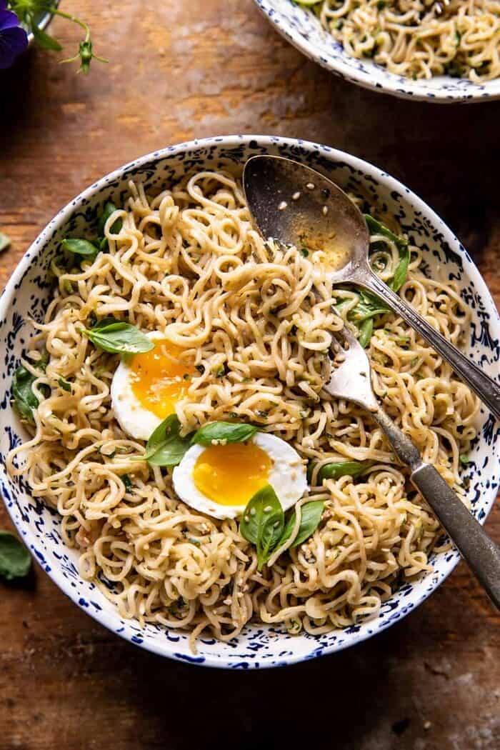 overhead close up photo of 15 Minute Garlic Butter Ramen Noodles with egg