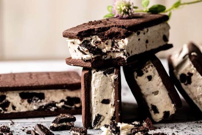 side angled horizontal photo of Malted Milk Cookies n’ Cream Ice Cream Sandwiches 