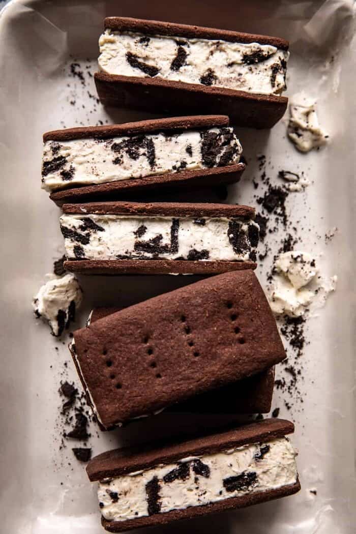 overhead close up photo of Malted Milk Cookies n’ Cream Ice Cream Sandwiches 