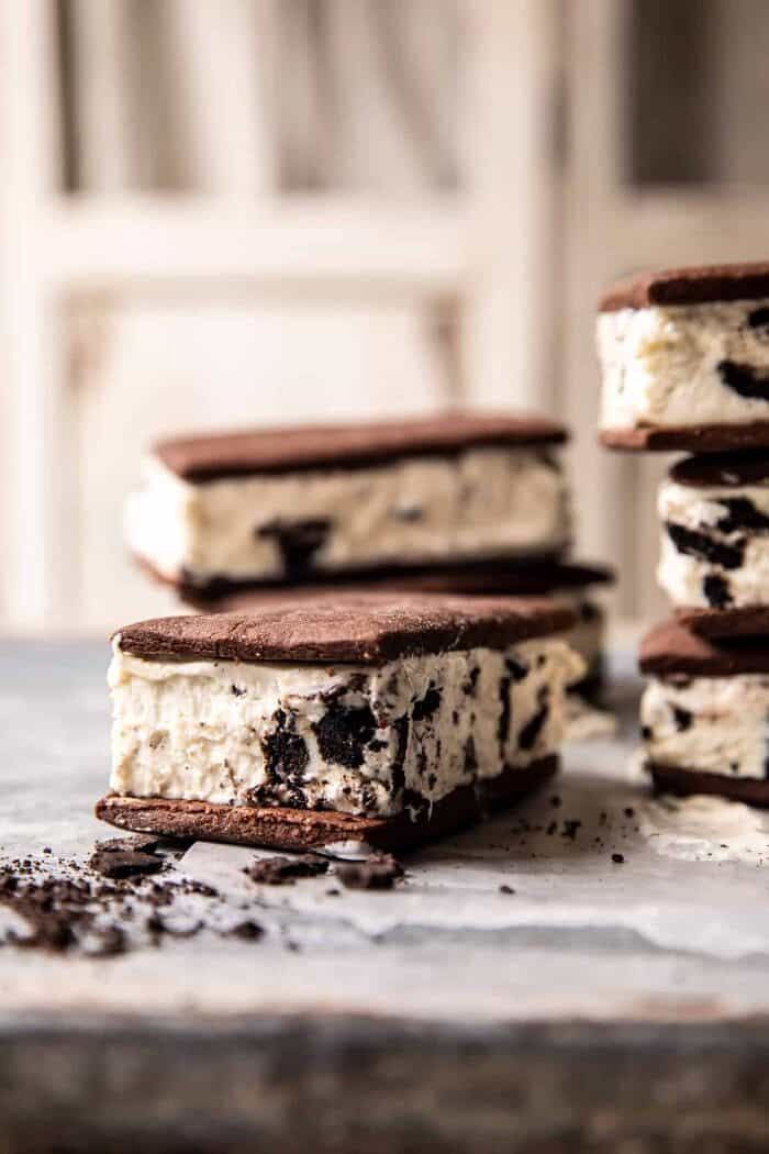 side angled photo of Malted Milk Cookies n’ Cream Ice Cream Sandwiches 