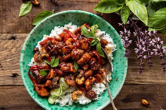 overhead photo of Thai Basil Sesame Cashew Chicken with Coconut Rice