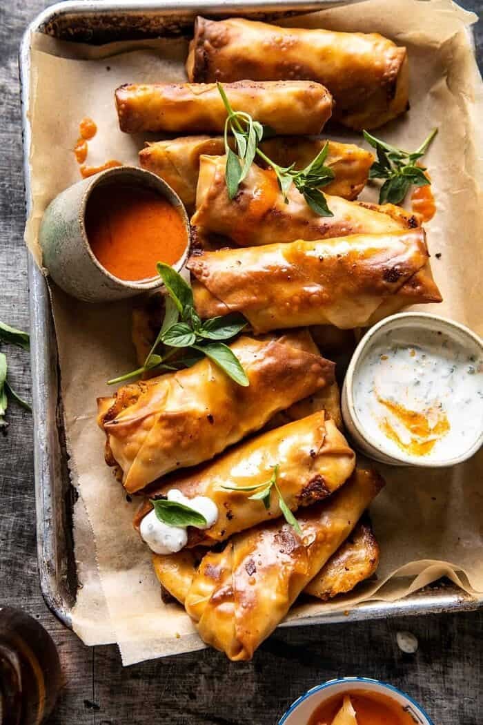 Baked Buffalo Chicken Egg Rolls with Cilantro Lime Ranch | halfbakedharvest.com