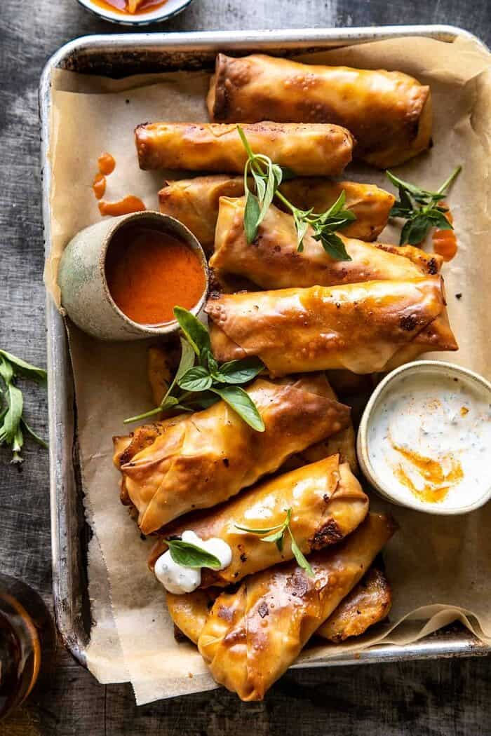 overhead photo of Baked Buffalo Chicken Egg Rolls with Cilantro Lime Ranch