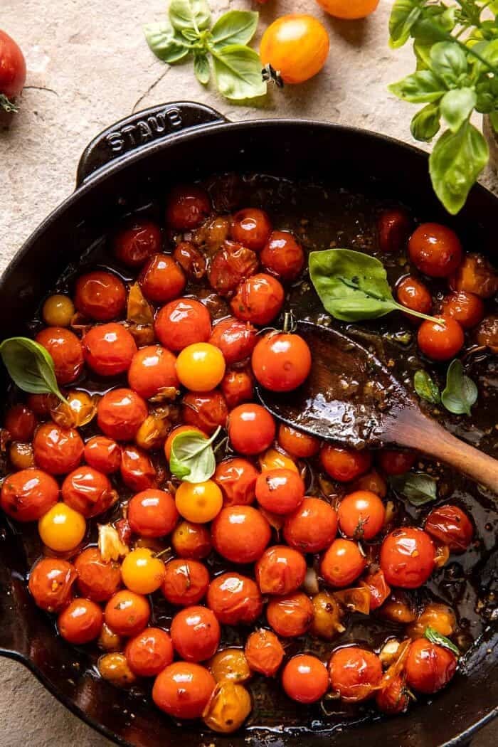 overhead photo of Cherry Tomatoes in skillet 