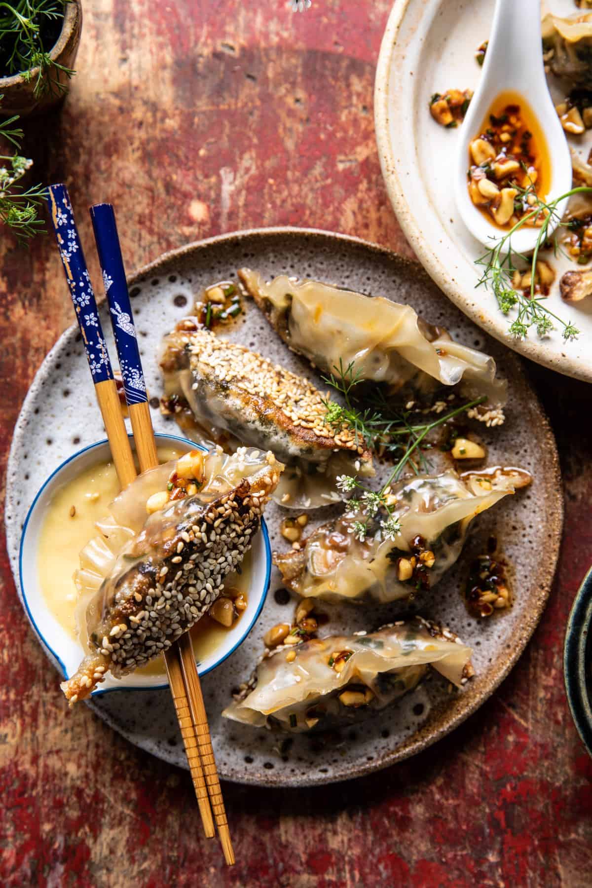 Crispy Sesame Ginger Potstickers with Chive Chili Sauce | halfbakedharvest.com