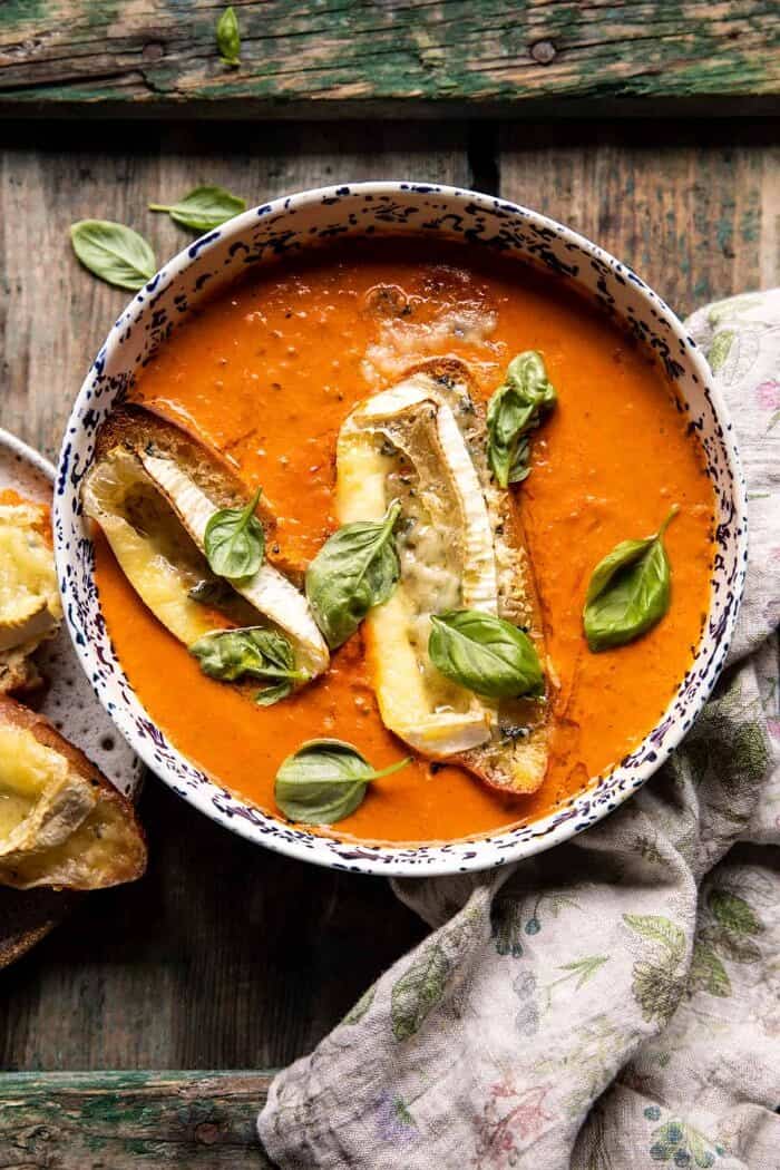 overhead photo of Easiest Herby Tomato Soup with Melted Brie Crostini 