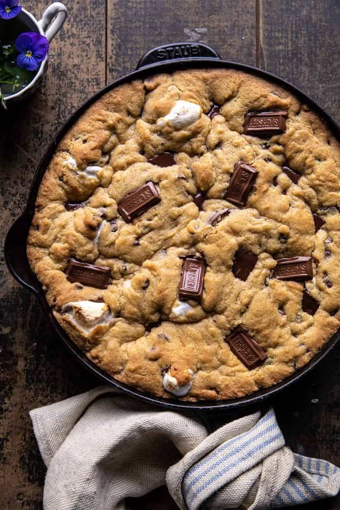 overhead photo of Giant S’mores Stuffed Chocolate Chip Skillet Cookie without ice cream