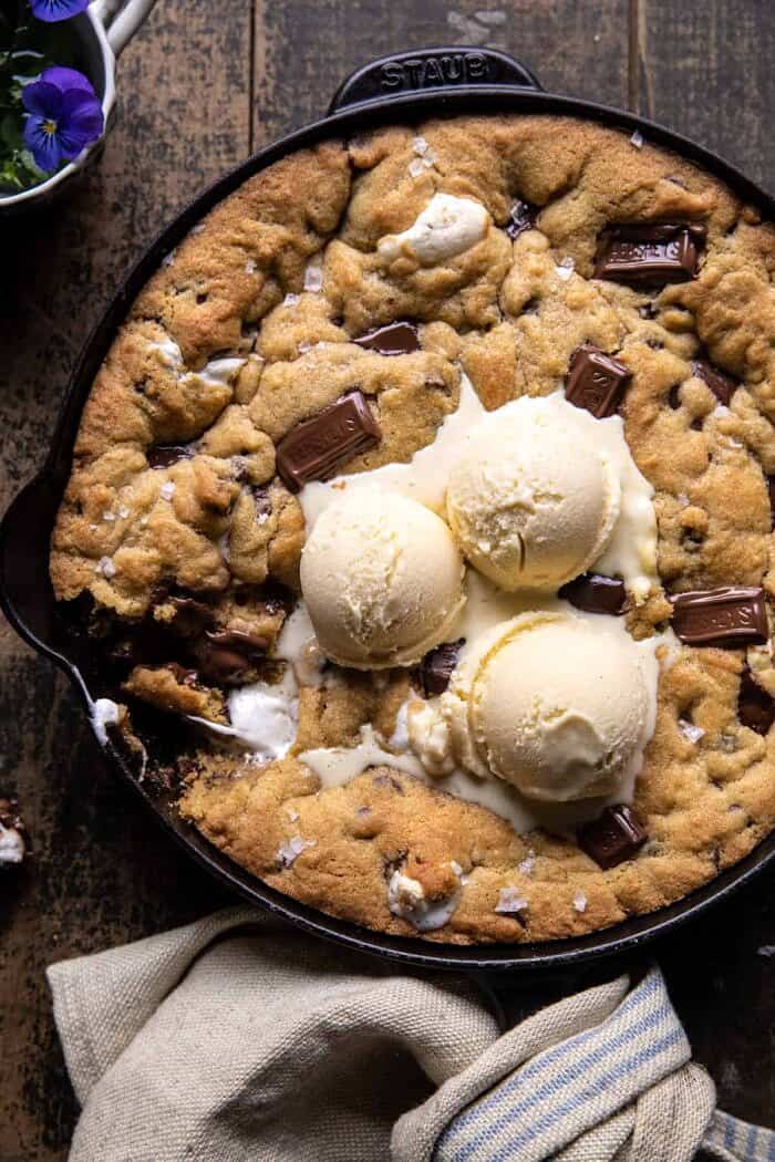 overhead close up phot of Giant S’mores Stuffed Chocolate Chip Skillet Cookie