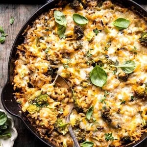 One Skillet Cheesy Broccoli Cheddar Orzo Bake | halfbakedharvest.com