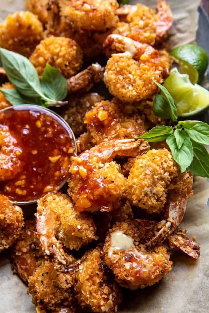 side angled close up photo of Oven Fried Coconut Shrimp with Thai Pineapple Chili Sauce