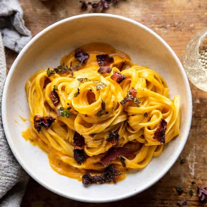 Butternut Squash Pasta Carbonara with Rosemary Bacon | halfbakedharvest.com