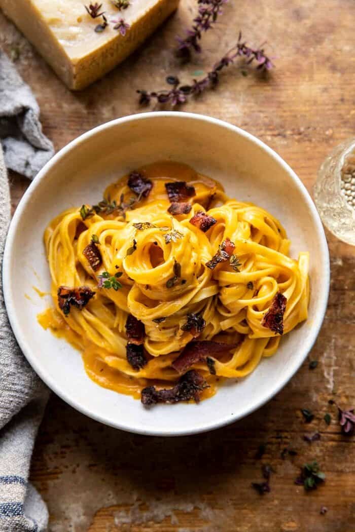 overhead photo of Butternut Squash Pasta Carbonara with Rosemary Bacon