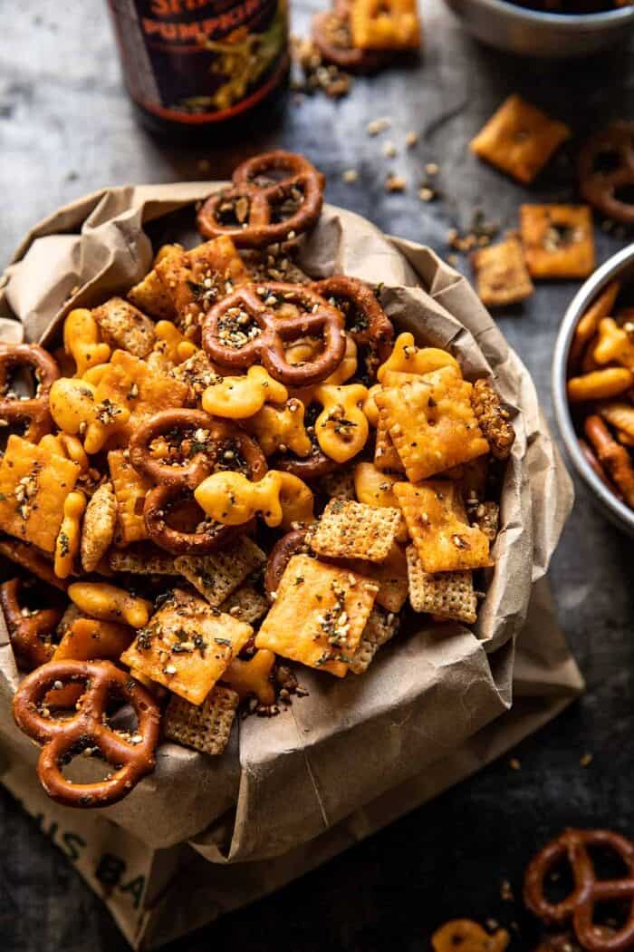 side angled close up photo of Everything Ranch Cheese and Pretzel Snack Mix