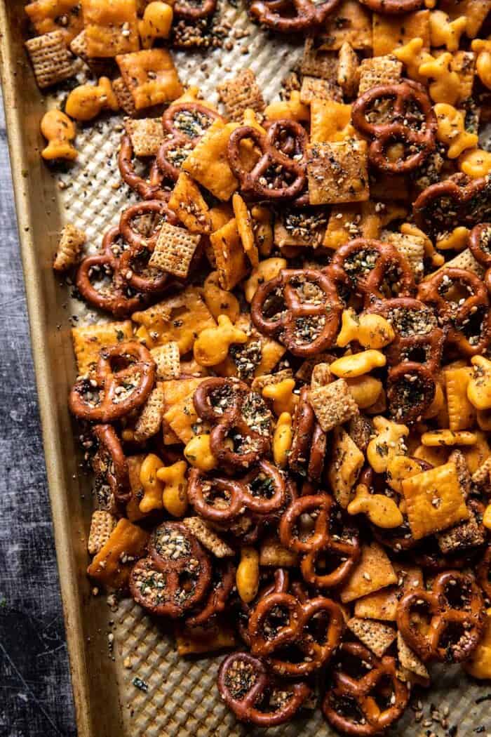Everything Ranch Cheese and Pretzel Snack Mix after baking on baking sheet
