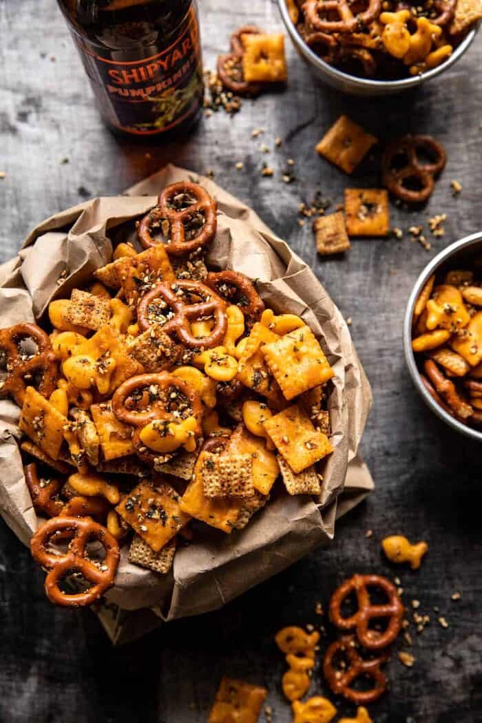 overhead photo of Everything Ranch Cheese and Pretzel Snack Mix 